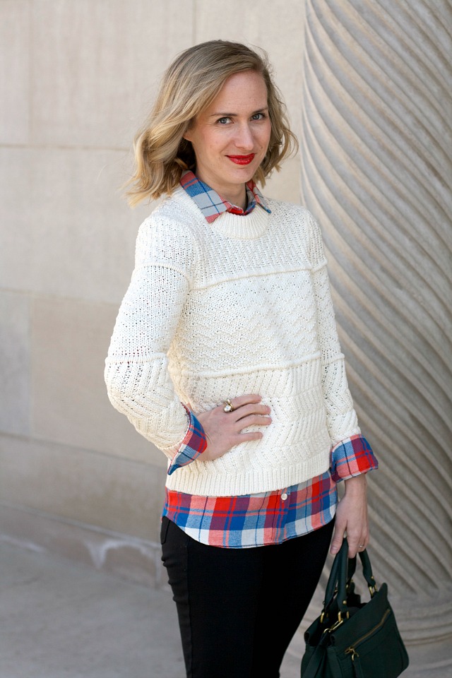 plaid shirt, cream sweater, ponte pants, bejeweled pumps, lawyer style blog