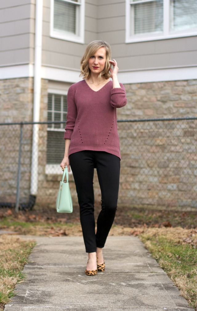 mauve sweater, ponte pants, Clinique chubby stick Broadest Berry, leopard haircalf pumps