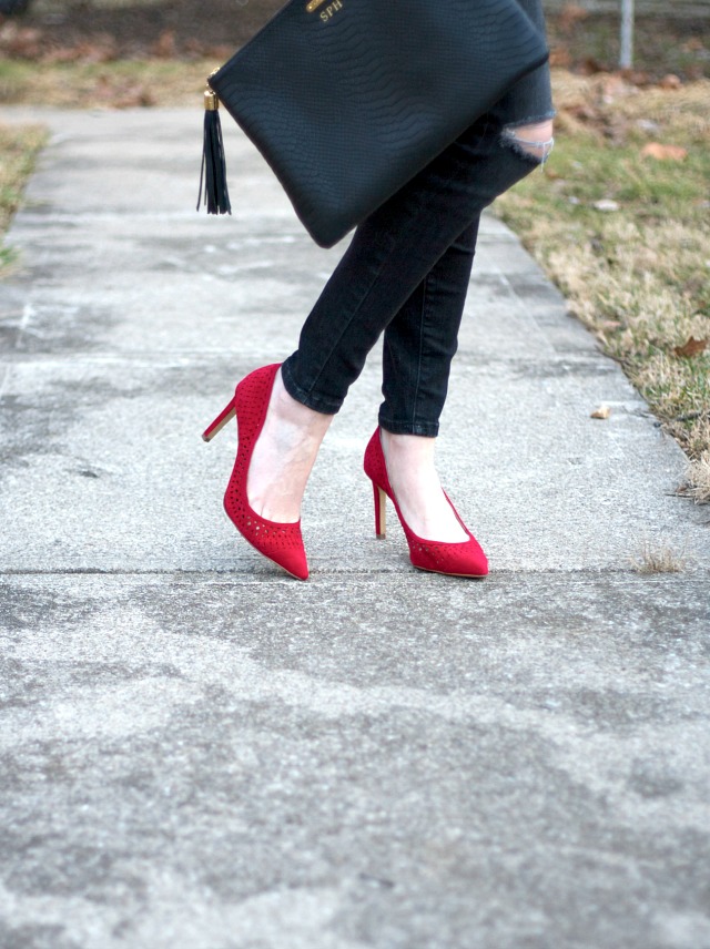 red sweater, red shoes, distressed black jeans, Gigi New York uber clutch