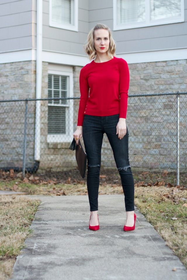 black jeans and red shoes
