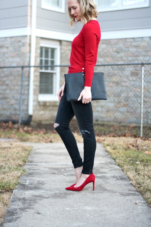red sweater, red shoes, distressed black jeans, Gigi New York uber clutch