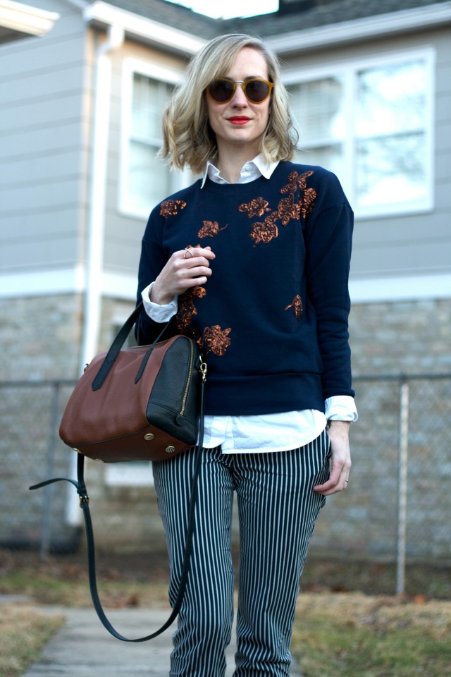 sequin sweatshirt, striped ankle pants, sweatshirt for work, Fossil Sydney satchel, lawyer style blog