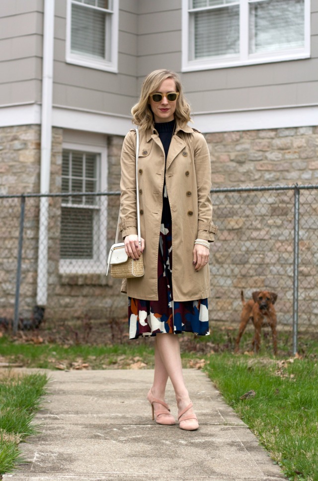 sweater over dress, dress worn as a skirt, Kate Spade spring 2016, J. Crew trench coat