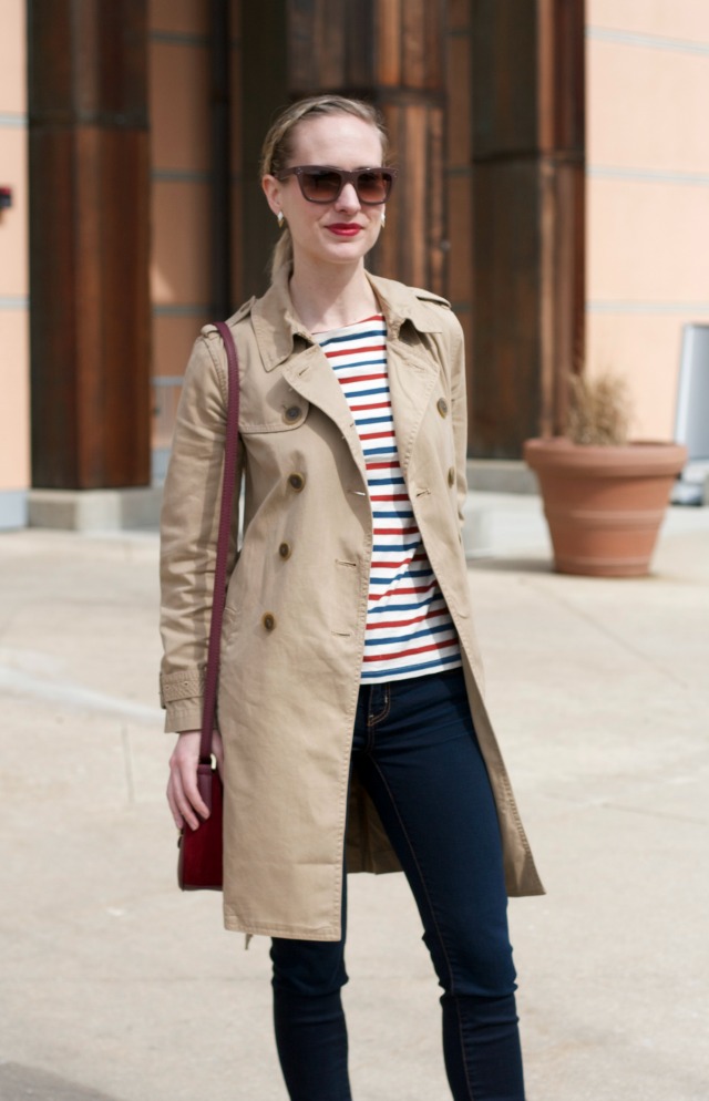 J. Crew washed trench coat, striped tee, suede lace-up flats