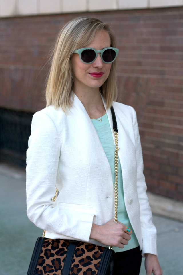 kick crop jeans, flared cropped denim, leopard Rebecca Minkoff Love bag, white blazer, mint sunglasses, gold flats
