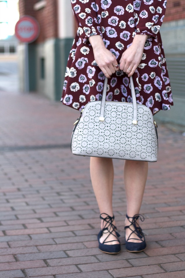 floral dress, lace up flats, trench coat, Uncommon Goods jewelry