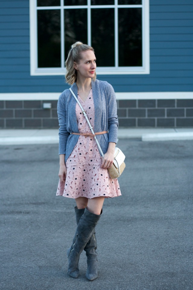 blush lace dress, cardigan, bow belt, over the knee suede boots