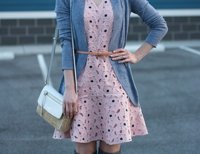 blush lace dress, cardigan, bow belt, over the knee suede boots