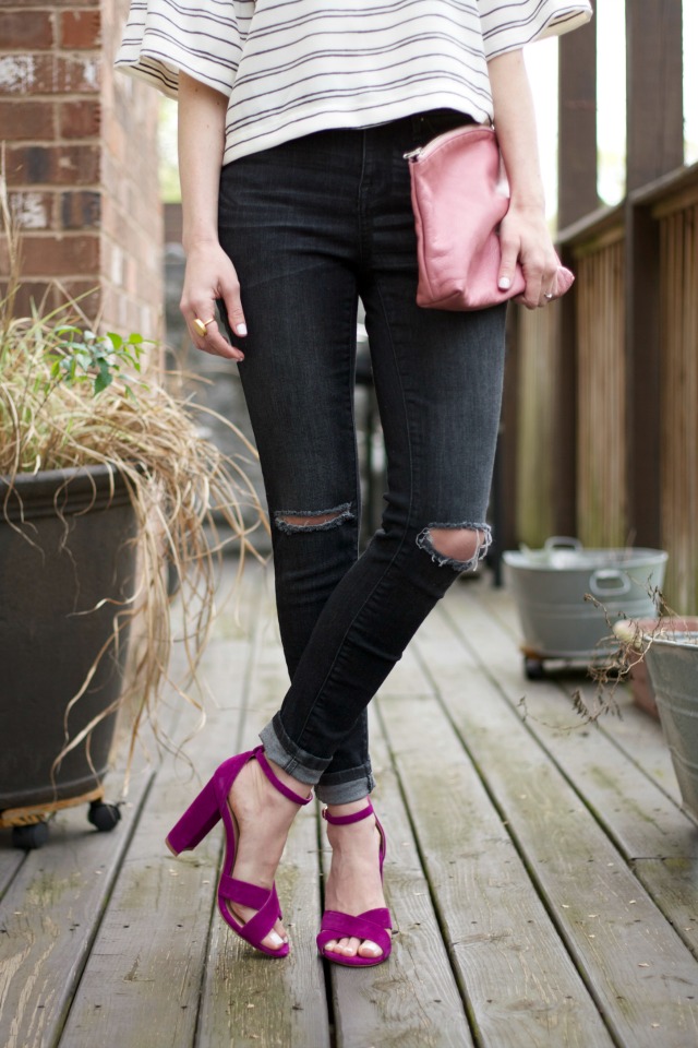 bell sleeve top, distressed black skinny jeans, hot pink suede sandals