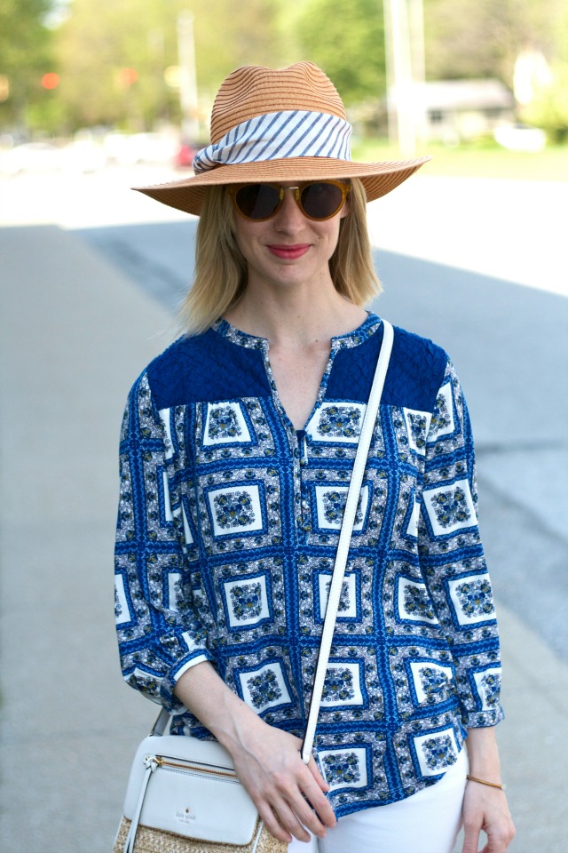 white cuffed jeans, navy espadrilles, straw rancher hat, Kate Spade Cobble Hill straw bag