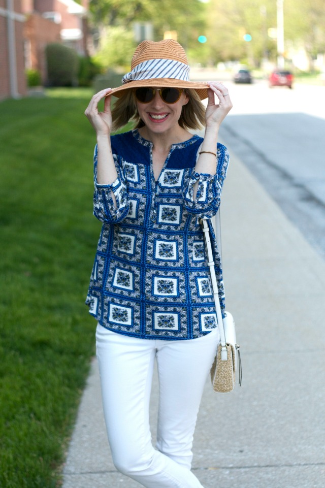 white cuffed jeans, navy espadrilles, straw rancher hat, Kate Spade Cobble Hill straw bag
