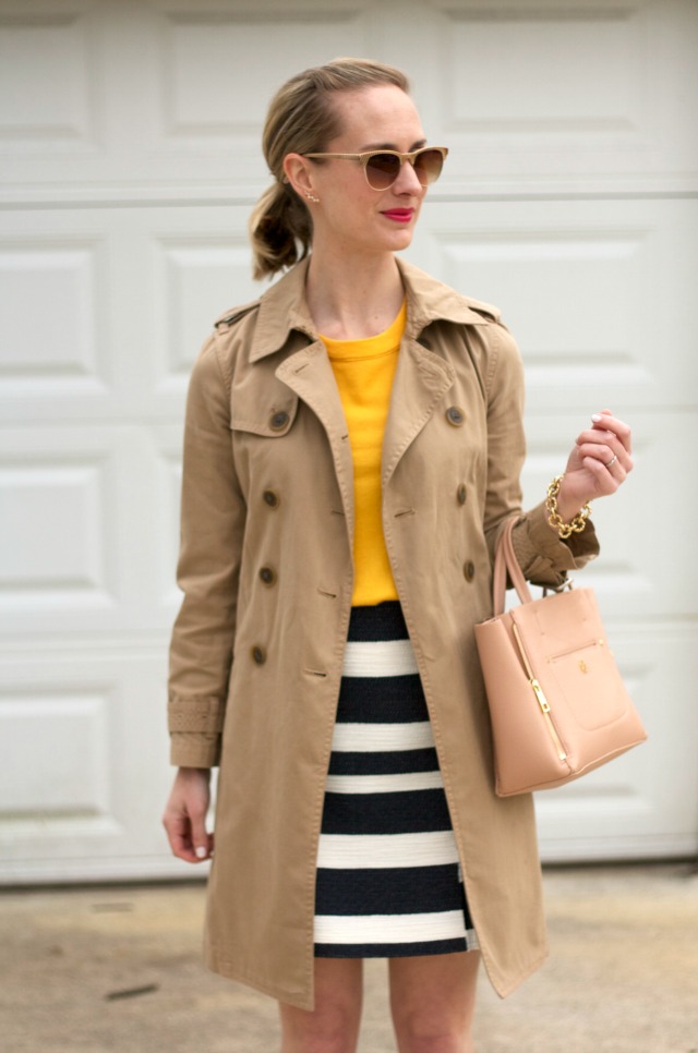 Loft striped mini, yellow sweater, navy ankle boots, trench coat