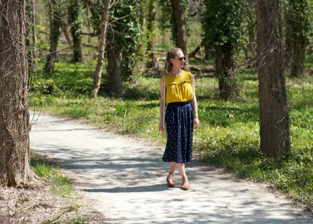 polka dot midi skirt, yellow top, Target brown suede lace up flats, Kate Spade wicker bag, Indianapolis style blog