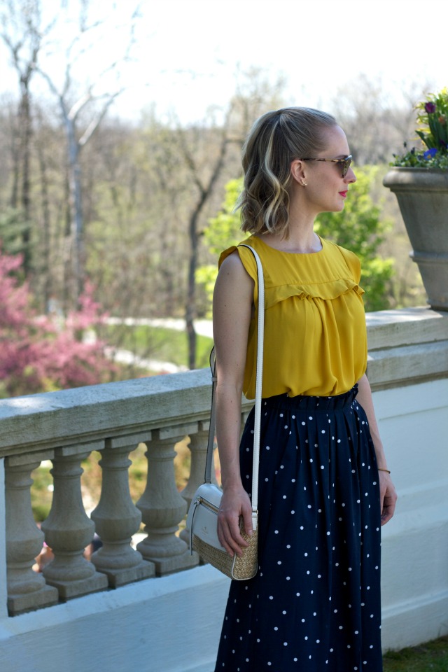 polka dot midi skirt, yellow top, Target brown suede lace up flats, Kate Spade wicker bag, Indianapolis style blog