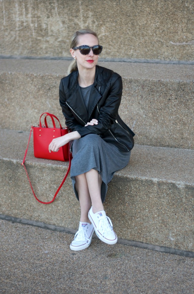 midi dress, leather jacket, white converse sneakers, red bag