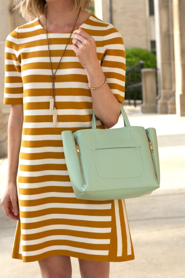 yellow stripe shift dress, mint bag, lawyer style blog