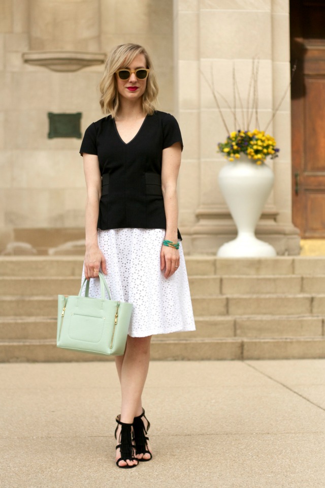 peplum top, white eyelet skirt, fringe sandals, mint bag