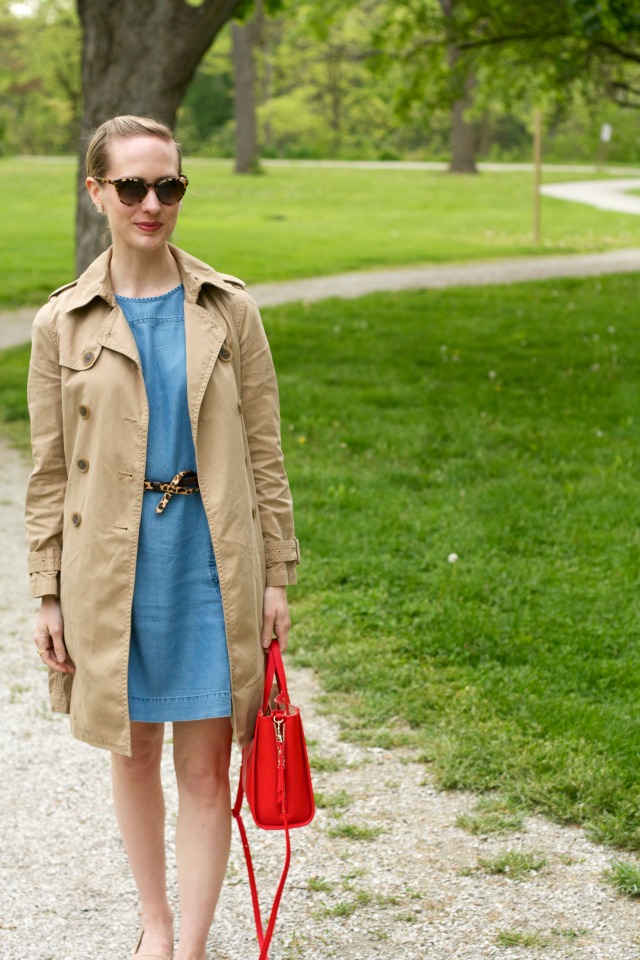 chambray dress, leopard belt, trench coat, leather espadrilles
