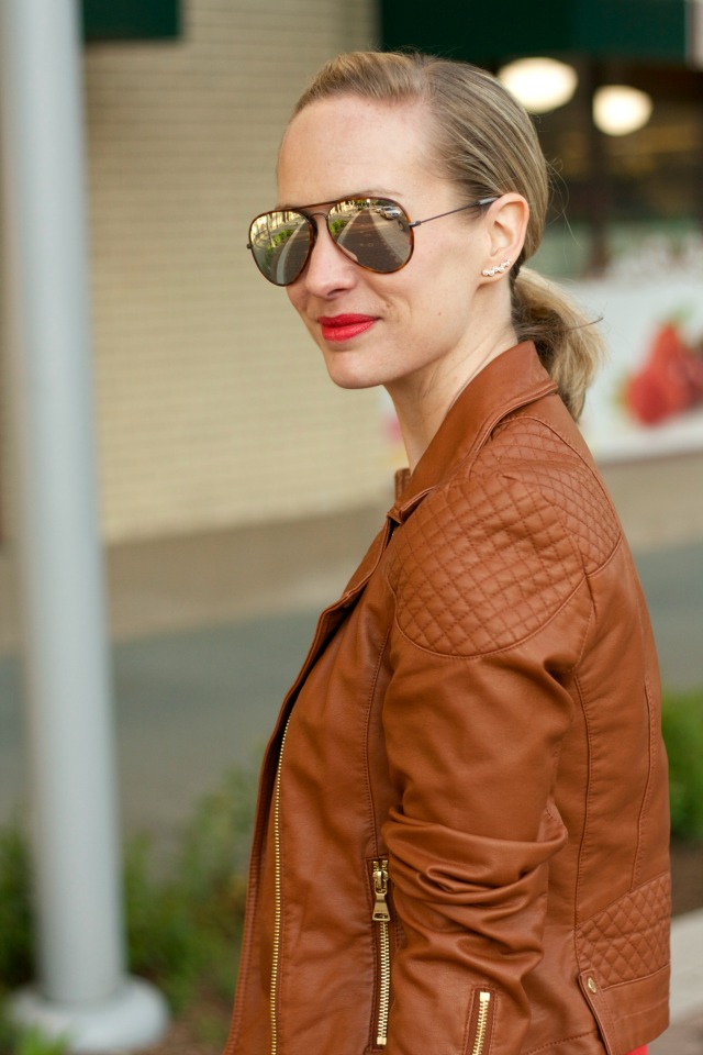 faux leather moto jacket, red orange dress, Kate Spade Upton bag, SEE aviator sunglasses
