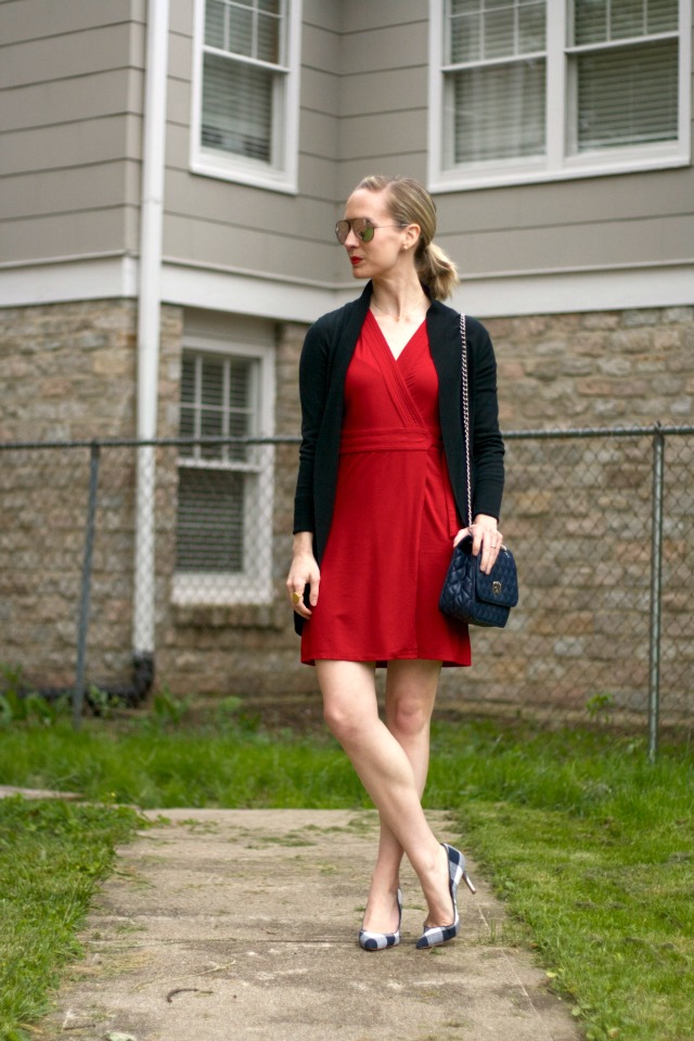 gingham shoes, red wrap dress, quilted bag, lawyer style blog, business casual
