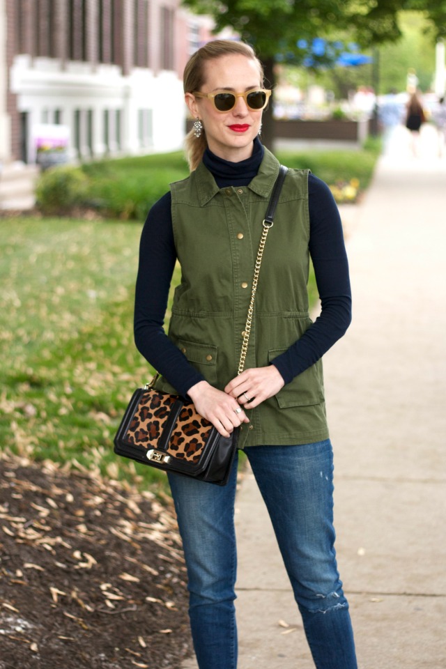 distressed jeans, turtleneck, army green cargo vest, gingham pumps, leopard print Rebecca Minkoff bag