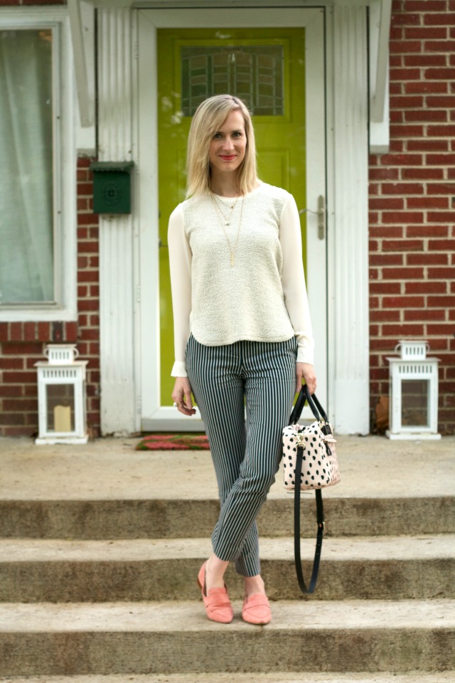 Kate Spade Ashton bag, striped ankle pants, Jeffrey Campbell suede loafers