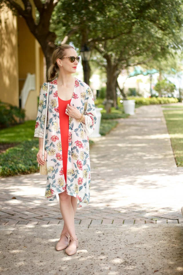 floral kimono, nude d'orsay flats, Kate Spade bag