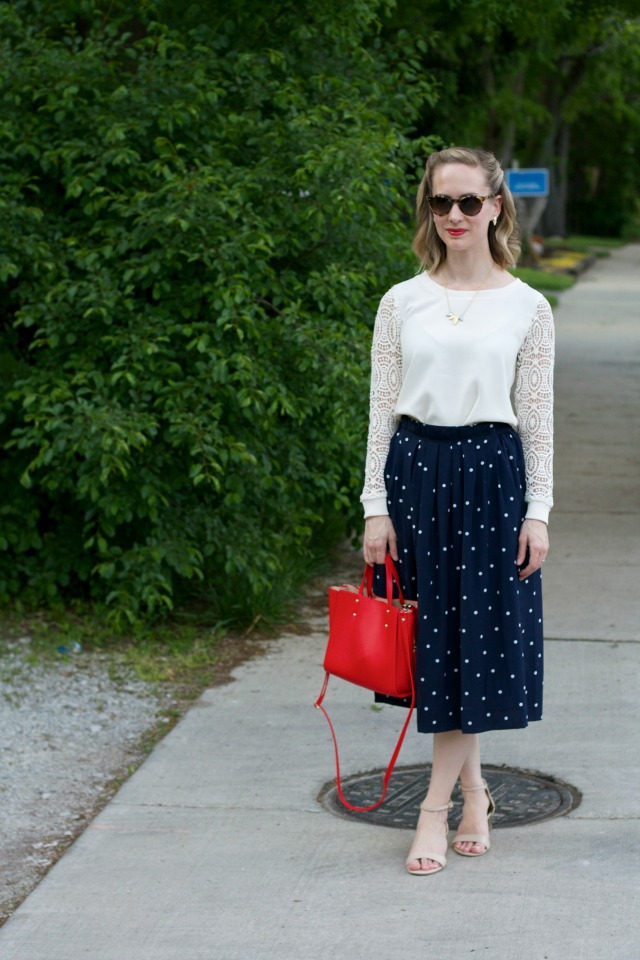 J. Crew polka dot midi, lace sleeve blouse, red bag, Madewell necklace