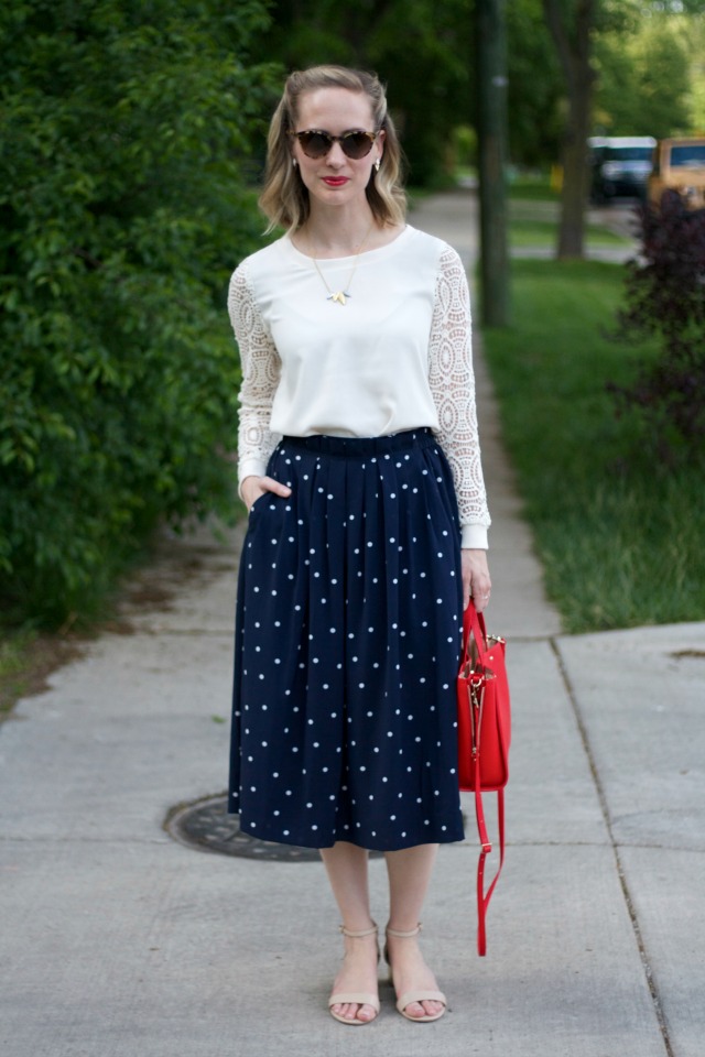 J. Crew polka dot midi, lace sleeve blouse, red bag, Madewell necklace