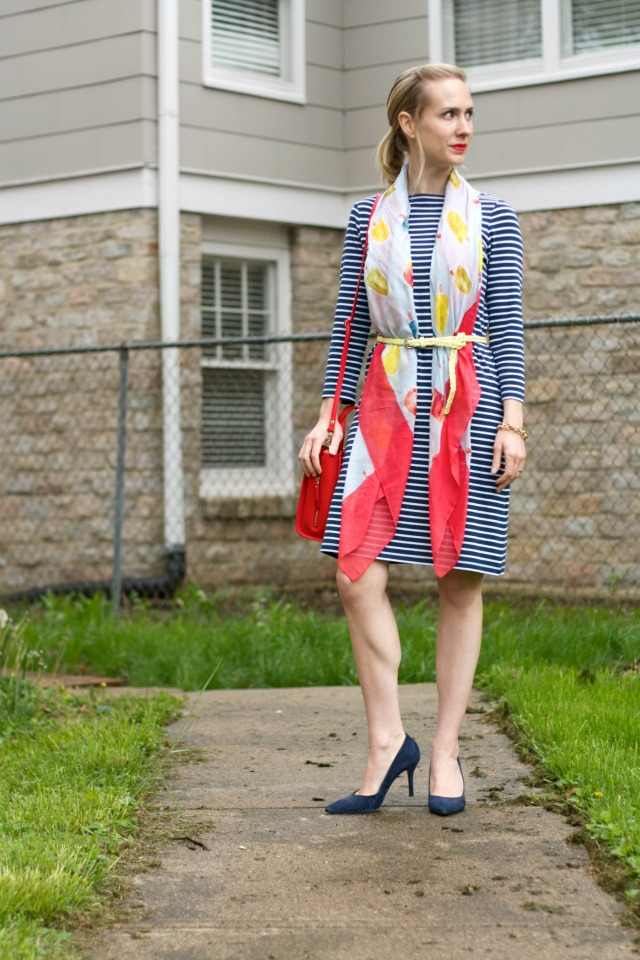 belted scarf, striped dress, navy suede pumps, Ann Taylor signature tote