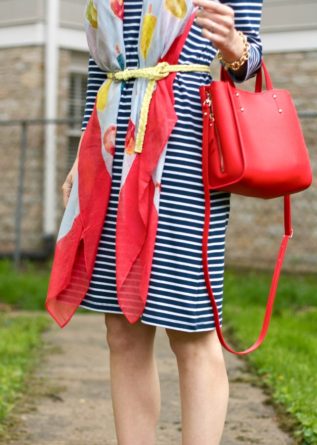 belted scarf, striped dress, navy suede pumps, Ann Taylor signature tote
