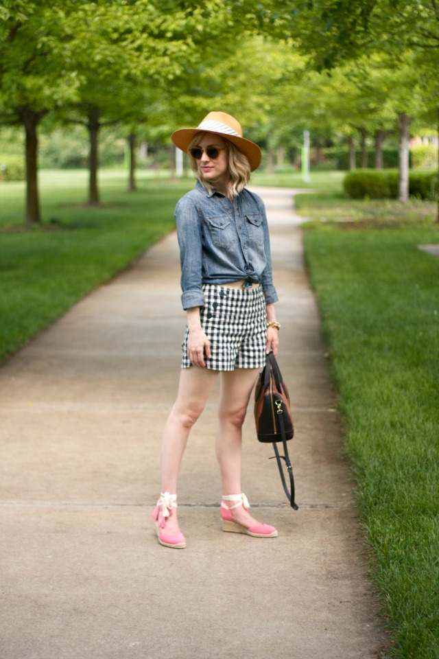 chambray, gingham, straw hat, pink tassel wedges