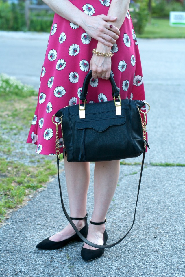 pink flora dress, ankle strap black flats, black bag, mirrored aviators