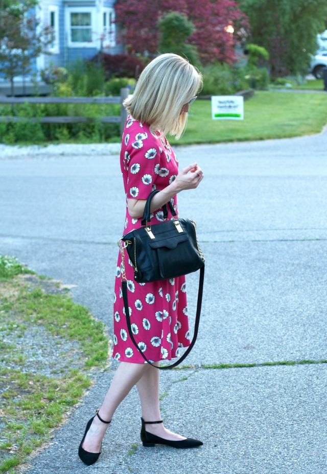 pink flora dress, ankle strap black flats, black bag, mirrored aviators