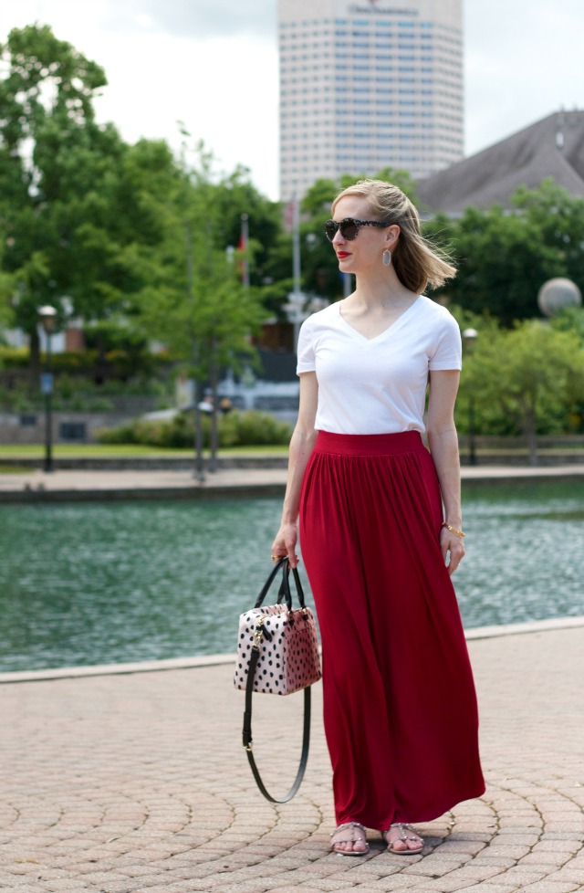 red maxi skirt, white t-shirt, polka dot Kate Spade bag, Kendra Scott earrings