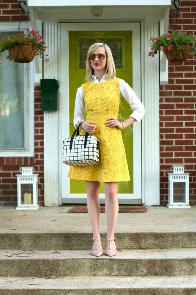 yellow dress over white shirt, nude studded t-strap pumps