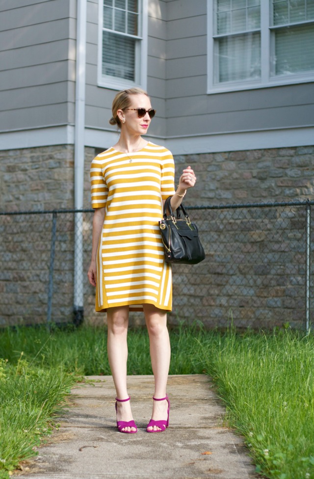 yellow stripe shift dress, magenta suede block heel sandals, business casual outfit