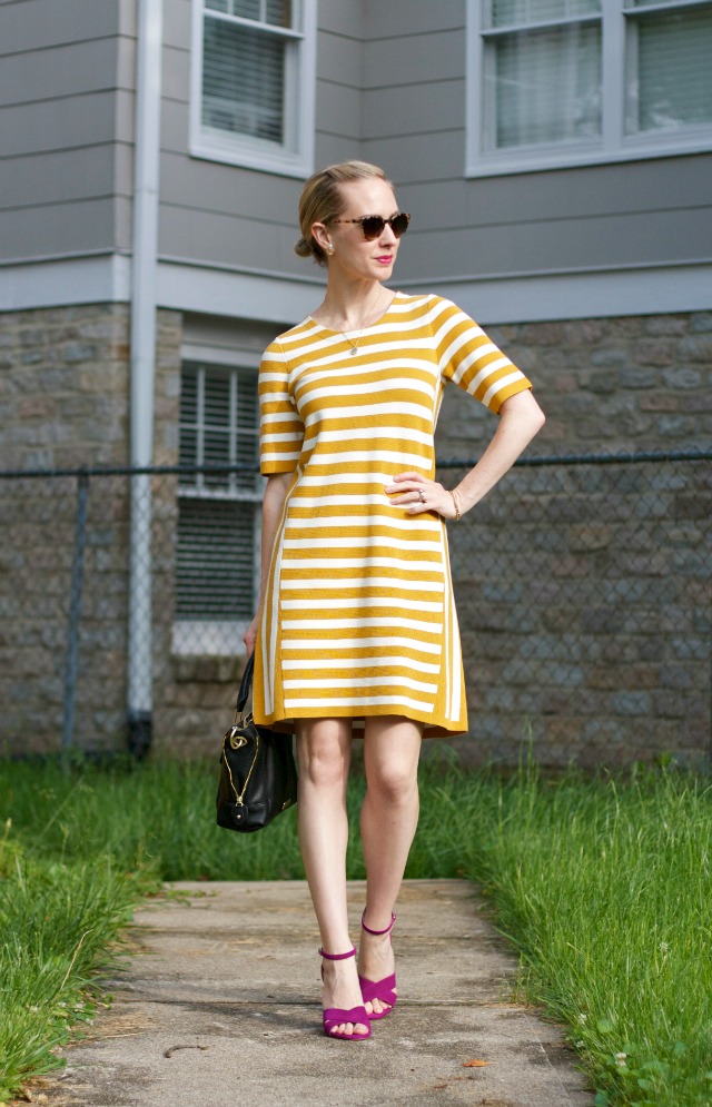 yellow stripe shift dress, magenta suede block heel sandals, business casual outfit