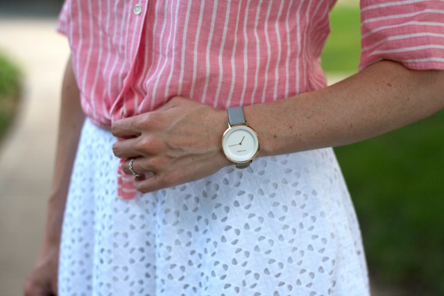 knotted pink stripe button-up shirt, white eyelet flare skirt, Skagen ditte watch, cap toe pumps