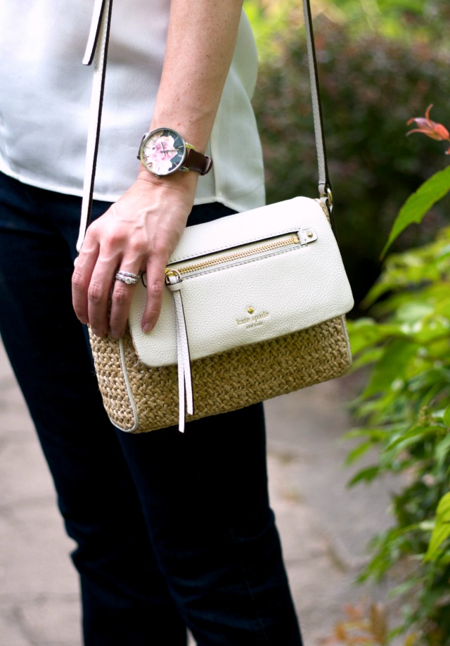 white top, kick crop jeans, striped wedges, black Panama hat, Ted Baker watch