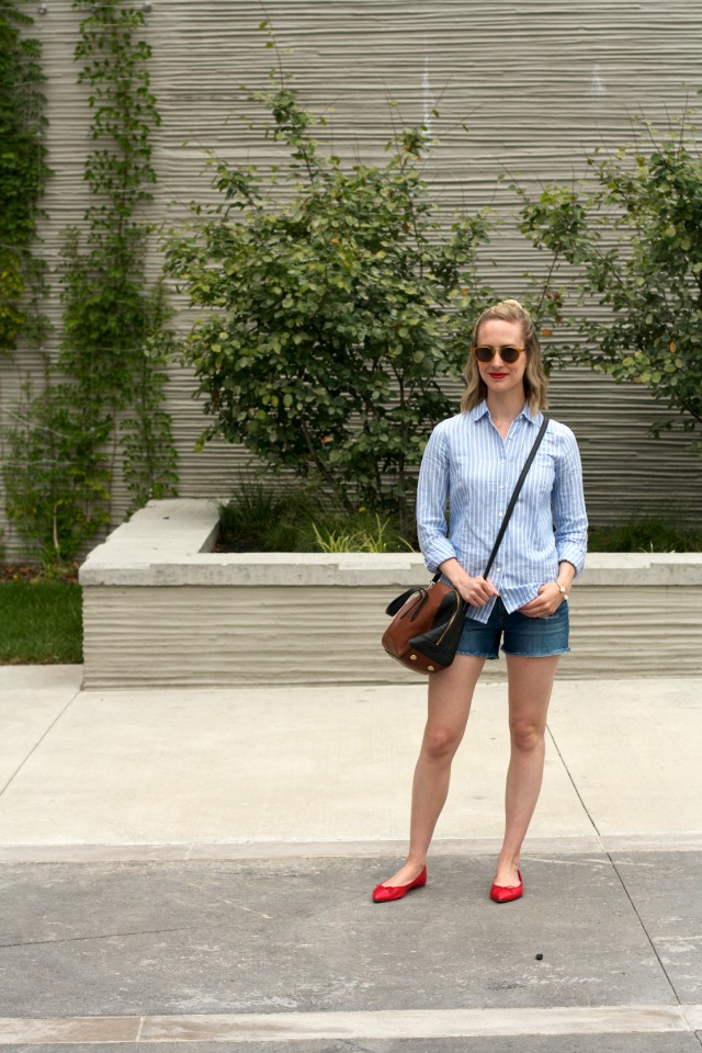 J. Crew striped Perfect shirt, distressed jeans shorts, red ballet flats