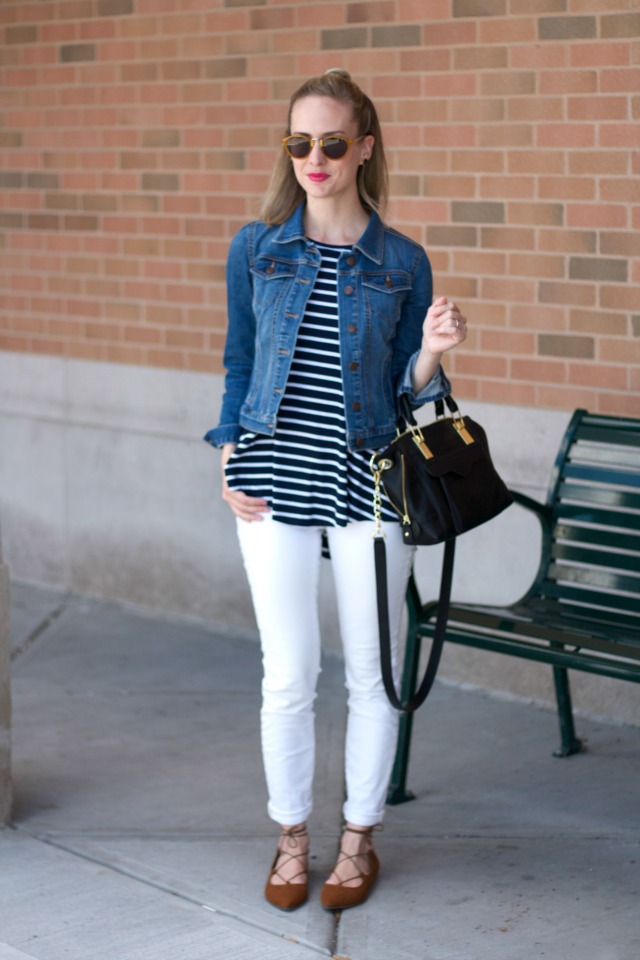Indiana style blog, white jeans, striped swing tank, denim jacket, suede lace up flats