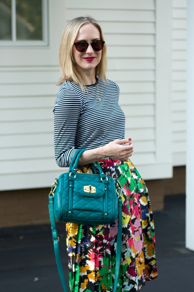striped tee, abstract floral pleated skirt, Madewell sunglasses, peep-toe booties