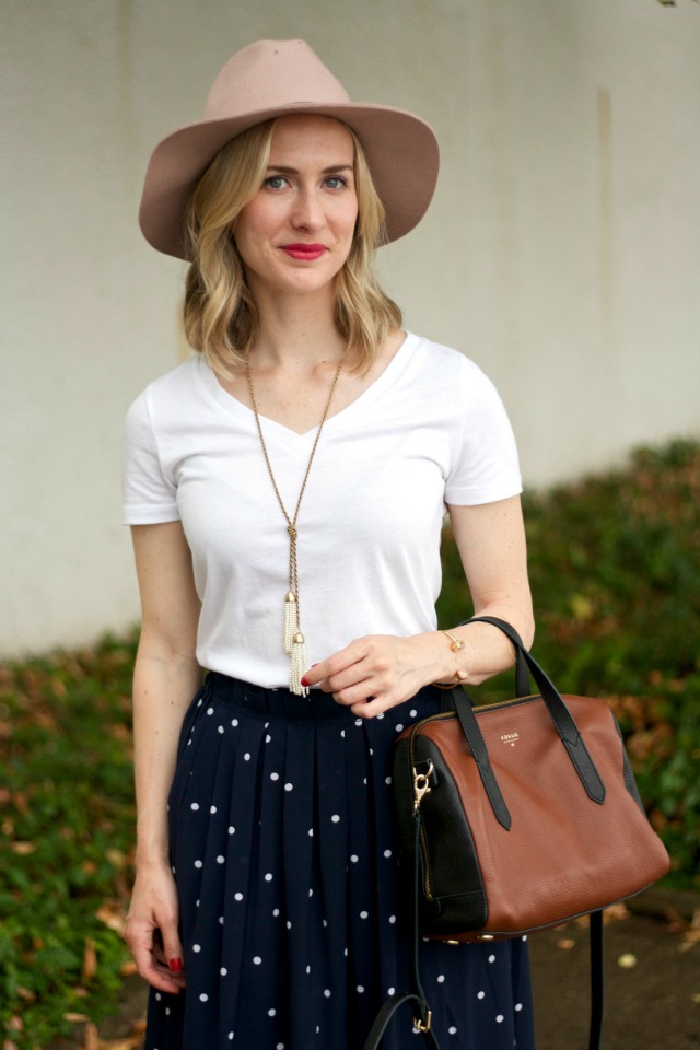 polka dot midi skirt, white tee, blush felt hat, Fossil leather satchel, d'orday flats