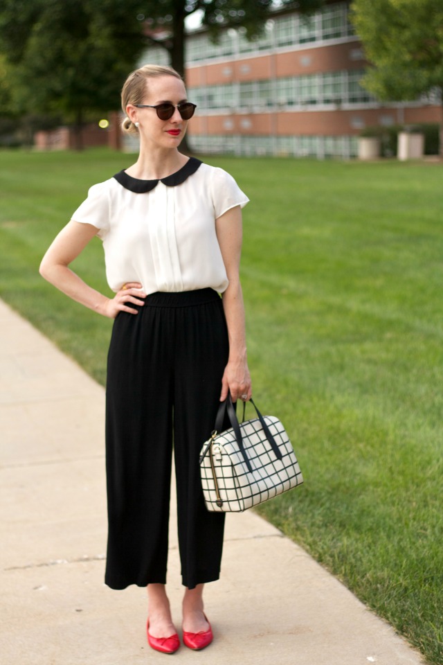 culottes, red ballet flats, Fossil satchel, Madewell sunglasses