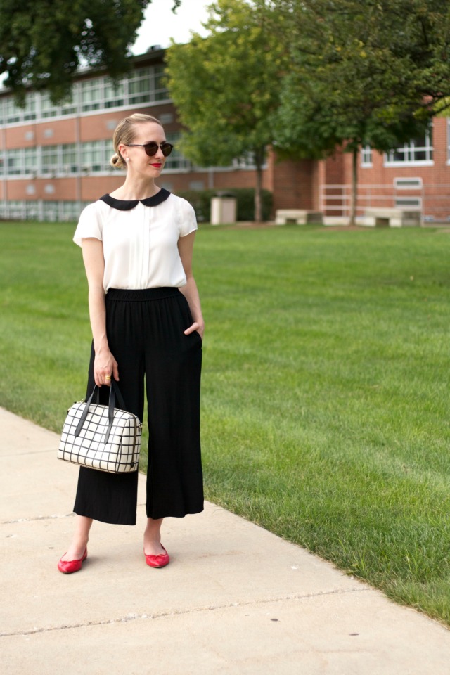 culottes, red ballet flats, Fossil satchel, Madewell sunglasses