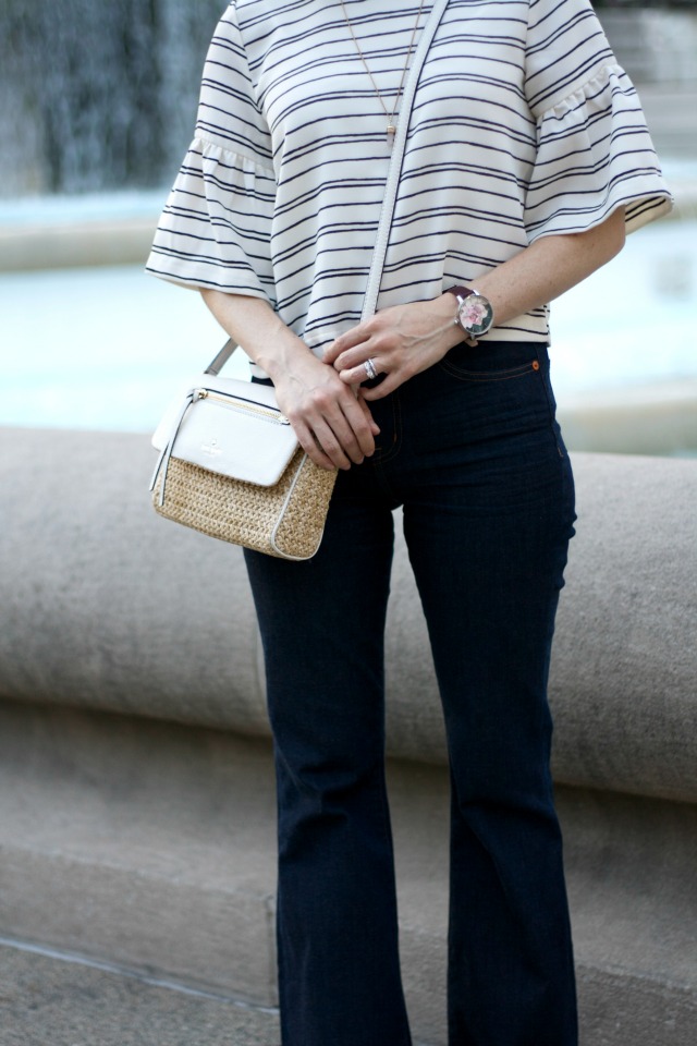 flared sleeve crop top, flared jeans, Ted Baker floral watch, Kate Spade crossbody bag, mint Hepcat sunglasses