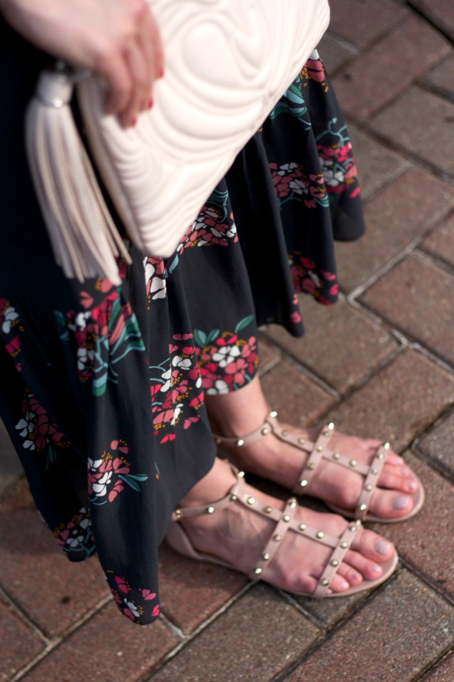 long sleeve floral maxi dress, studded nude sandals