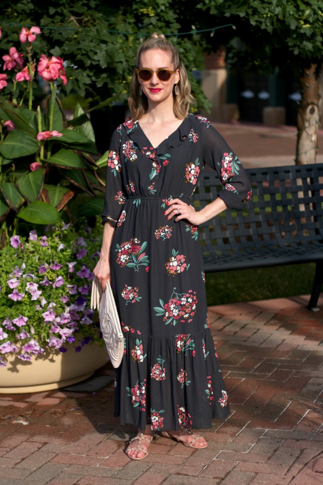 long sleeve floral maxi dress, studded nude sandals