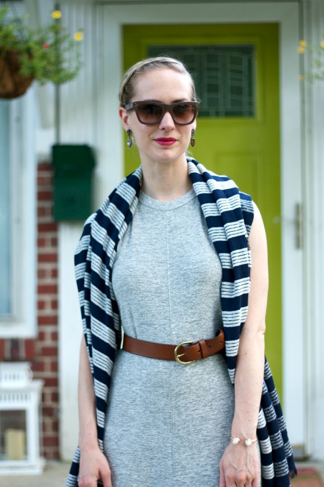 gray midi dress, brown leather belt, navy striped scarf